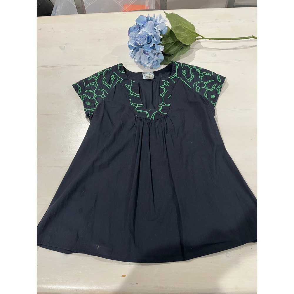 Tabitha Embroidered Tunic Top Navy Blue Green Floral Cotton Dress Size 4‎